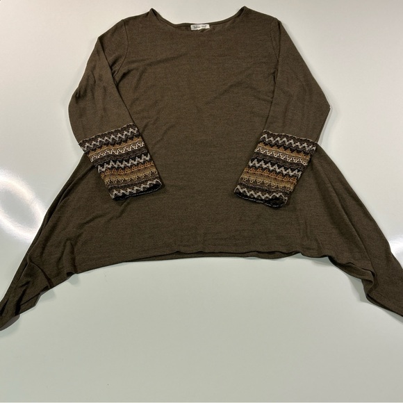 Indigo Soul Sweater Shirt Women’s Large Brown Crochet Shark Bite Asymmetrical - Picture 3 of 11